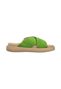 Green suede slide sandals with a cross-strap design, beige rubber sole featuring a textured pattern for grip.