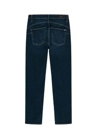 Jeans in denim blu scuro con un taglio dritto classico, dotati di due tasche posteriori e cuciture a contrasto lungo le cuciture.