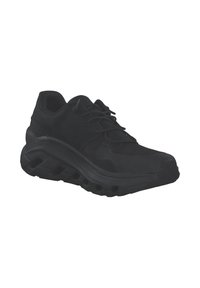 Chaussure de sport noire avec un dessus en maille et un système de laçage. Caractérisée par une semelle épaisse et moulée avec des découpes pour un amorti et une traction.
