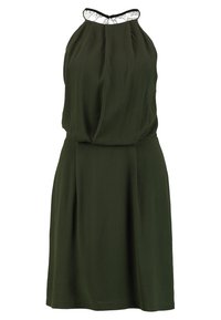 Robe sans manches vert olive avec un col montant et une bordure en dentelle, présentant une silhouette ample et fluide ainsi que des détails froncés à la taille.