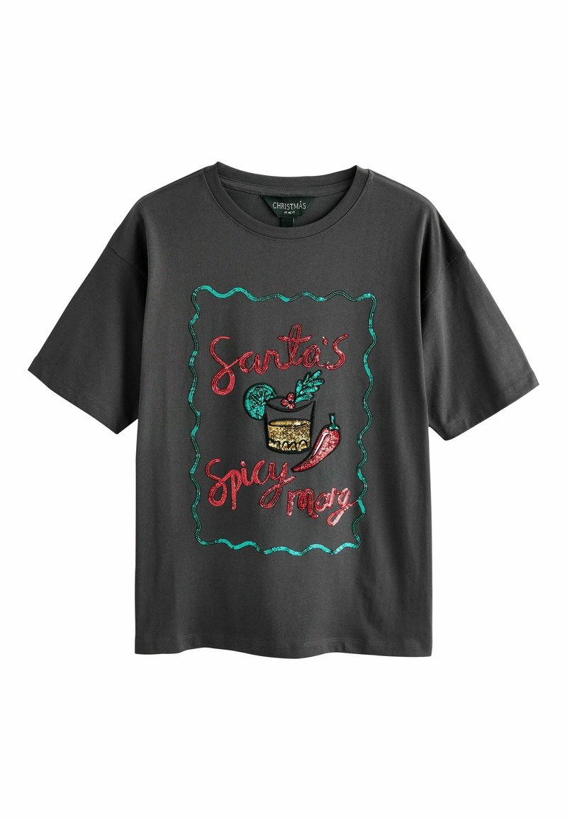 Dark gray t-shirt with a loose fit. Features a colorful, sequined graphic that reads "Santa's Spicy Mary" and includes decorative elements.