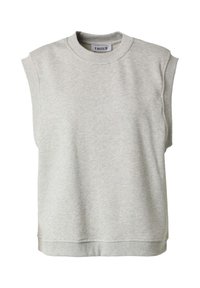 Graues ärmelloses Sweatshirt aus weichem Baumwollmaterial, mit hohem Kragen und geripptem Saum, in einem schlichten, minimalistischen Design.