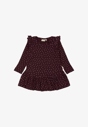 Tumši sarkans garām piedurknēm tērps ar baltām sirds pazīmēm, frills plecos un izpūstiem svārkiem. Izgatavots no maiga, teksturēta auduma.