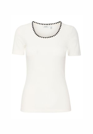 Hvid t-shirt med korte ærmer og rund halsudskæring, der har sort trekantet kant. Blødt, glat stof med regular fit.