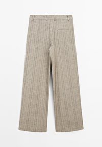 Pantaloni a gamba larga in un motivo a quadratini beige e marrone. Presentano una parte anteriore piatta, passanti per cintura e una tasca posteriore singola. Tessuto di consistenza liscia.
