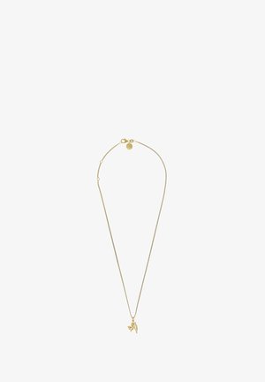 Halskette in Goldoptik mit einer feinen Kette und einem blattförmigen Anhänger. Verfügt über einen Karabinerverschluss und ein kleines Tag in der Nähe des Verschlusses.