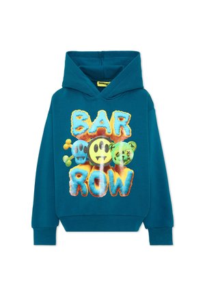 Bluza z kapturem w kolorze morskim z tekstem "BARROW" w pękatych literach i trzema kolorowymi postaciami z kreskówek, w tym niebieskim potworem i zielonym misiem.