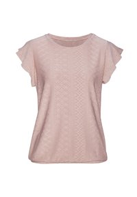 Chemisette rose clair à manches courtes avec un col rond, présentant un motif en losanges texturé et des manches volantes. Tissu doux avec une sensation légère.