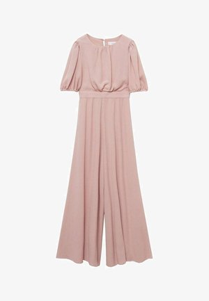 Salopette rosa pallido con scollatura rotonda, maniche a sbuffo e vita aderente, che si allarga in pantaloni a gamba larga. Tessuto dal tocco liscio.