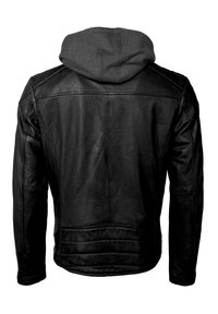 Zwarte leren jack met een grijze capuchon. Heeft een getailleerd ontwerp, een gladde textuur en stikdetails langs de naden en de zoom.