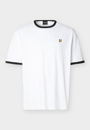 Wit T-shirt met korte mouwen, zwarte kraag en mouwboorden, met een klein geel vogel-logo op de linkerborst.