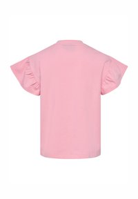 Rosa topp med korta ärmar och volangärmar, tillverkad av en mjuk bomullsblandning. Har rund hals och en avslappnad passform, slät textur.