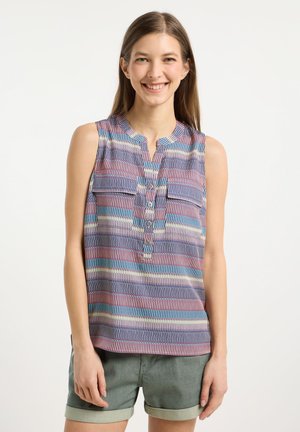 Ärmelloses Oberteil mit einem mehrfarbigen Streifenmuster in Blau, Pink und Grün, mit einer Knopfleiste und zwei Brusttaschen.