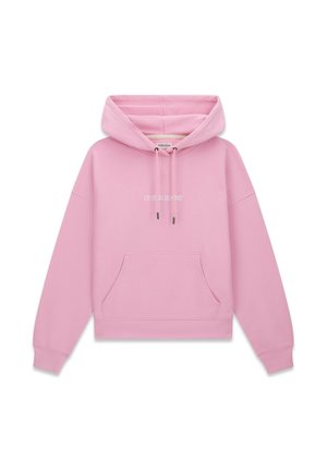 Roze hoodie gemaakt van een katoenmengsel, met een voorkangoeroezak, een capuchon met trekkoord en het "GUESS JEANS"-logo in het wit op de borst.