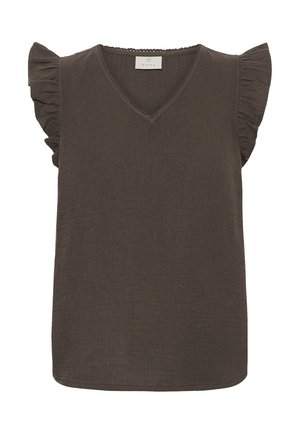 Blouse marron sans manches avec col en V et détails froncés aux bords des épaules, confectionnée en matière légère texturée.