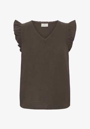 Blouse marron sans manches avec col en V et détails froncés aux bords des épaules, confectionnée en matière légère texturée.