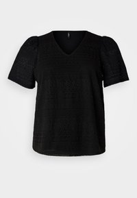 Black short-sleeve top with a V-neckline, featuring textured patterns and a slightly loose fit, crafted from lightweight fabric.