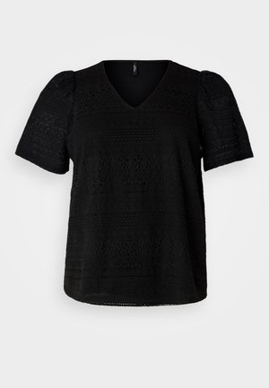 Black short-sleeve top with a V-neckline, featuring textured patterns and a slightly loose fit, crafted from lightweight fabric.