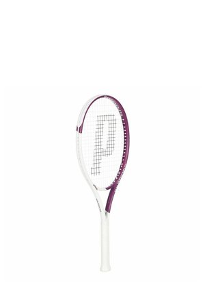 Tennisschläger mit einem violetten und weißen Design, ovale Kopfform und griffigem Griff, mit Gittermuster und Logo auf den Saiten.