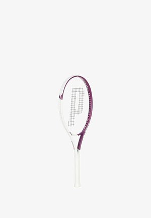 Tennisschläger mit einem violetten und weißen Design, ovale Kopfform und griffigem Griff, mit Gittermuster und Logo auf den Saiten.