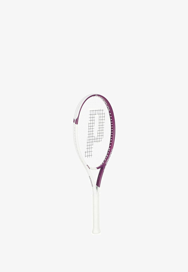 Tennisschläger mit einem violetten und weißen Design, ovale Kopfform und griffigem Griff, mit Gittermuster und Logo auf den Saiten.