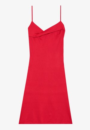 Red sleeveless dress with a fitted bodice, shallow V-neck, and a soft, smooth texture. Simple design, flared skirt, and no patterns or embellishments.