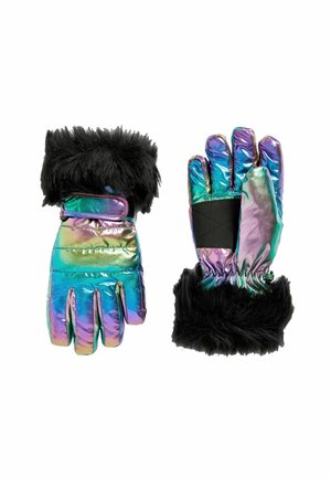 Vadderade handskar med en iriserande finish, utrustade med en svart imitationspälsärm, justerbar rem och texturerad palm för bra grepp.