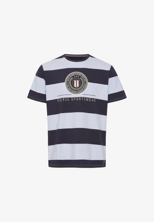 Marineblå og lyseblå stripete t-skjorte laget av bomull, med rund hals og et sirkulært logo med tekst og et laurbærkransdesign.