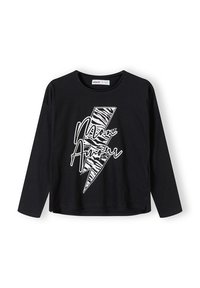 Crna majica s dugim rukavima s dizajnom bijelog munje i uzorkom zebra, uz tekst "Mon Amour" u ekspresivnom fontu.