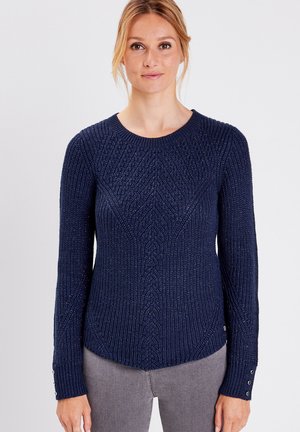 Navy blue knitted sweater with a textured pattern, round neckline, long sleeves, and button accents at the cuffs. Soft fabric.
