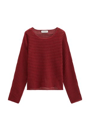 Langärmeliger, bordeauxfarbener Pullover mit offenem Strickmuster, horizontalem Streifenmuster und rundem Ausschnitt, Marke Marc O'Polo.