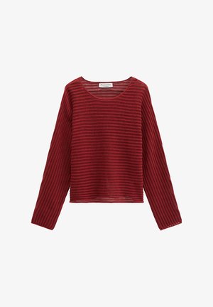 Sweter z długim rękawem, bordowy, ażurowy z poziomym wzorem pasków i okrągłym dekoltem, oznaczony marką Marc O'Polo.