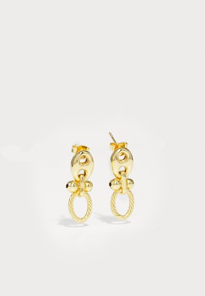 Gold-tone earrings with linked oval and circular shapes, featuring a textured rope detail and smooth spherical accents.