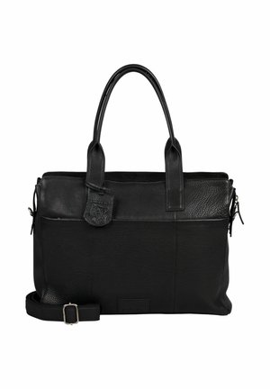Schwarze Leder-Tote-Bag mit doppelten Griffen und abnehmbarem Schultergurt. Texturierte Oberfläche, elegantes Design und Hardware-Akzent an der Vorderseite.