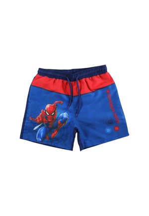Costume da bagno per bambini blu e rosso con grafica di Spider-Man sulla gamba sinistra e testo "Spider-Man" sulla gamba destra. Vita con coulisse.