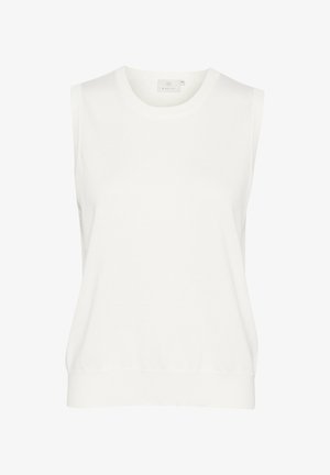 Bela brezrokavna pletivna majica s krožnim vratnim izrezom in rebrastim robom. Mehka tekstura in rahlo drapiranje na pasu. Tkanina se zdi lahka.