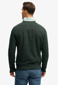 Felpa girocollo verde scuro con polsini e orlo a coste. Presenta una camicia a righe più chiara con colletto indossata sotto. Vista posteriore.