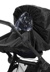 Musta vaunukansi, jossa on läpinäkyvä visiiri, valmistettu vedenpitävästä kankaasta, jossa on joustava reunus ja kiinnitetty vaunujen selkänojaan.