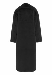 Lungo cappotto in pelliccia sintetica nera con ampio colletto e maniche lunghe, mostrato di spalle.