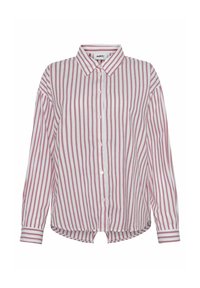 White shirt with red vertical stripes, button-down front, long sleeves, and a rounded hem. Made of lightweight, textured fabric.