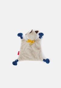 Stuffed animal comforter in beige with soft fur, blue knots at corners, and a yellow scarf. Features a cute animal face with brown ears.