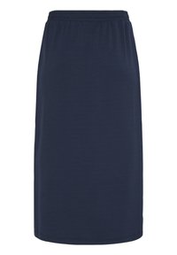 Jupe bleu marine longueur genou avec taille élastique, coupe droite, en tissu lisse, présentée sur fond blanc.