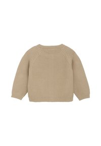 Beige gestrickter Pullover mit Rundhalsausschnitt, Raglanärmeln und gerippten Bündchen und Saum. Besitzt ein strukturiertes, offenes Webmuster.