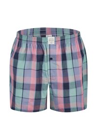 Pánské boxerky s kostkovaným vzorem v modré, růžové a zelené barvě. Vyrobené z lehkého bavlněného materiálu s elastickým pasem a předním knoflíkem.