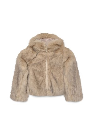 Giacca in pelliccia sintetica marrone chiaro con zip frontale e cappuccio, mostrata su sfondo bianco.
