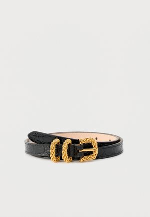 Black textured leather belt with gold braided buckle and two matching belt loops, coiled on a plain white background.