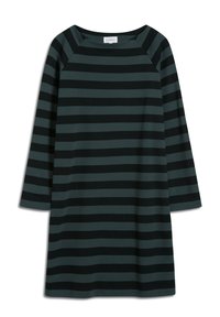 Tmavě zelené a černě pruhované šaty s dlouhým rukávem, širokým kulatým výstřihem a volným střihem. Vyrobené z měkké, pružné tkaniny.