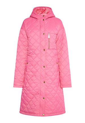 Gequiltete pinke Jacke mit Kapuze, ausgestattet mit einer Reißverschlusstasche auf der Brust, Druckknöpfen und langen Ärmeln für zusätzliche Isolierung.