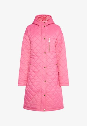 Pamučna ružičasta jakna s kapuljačom, koja ima zippered džep na prsima, kopče na gumbi i duge rukave za dodatno izolaciju.