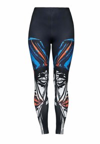 Leggings met een zwarte basis en een opvallend abstract ontwerp in blauw, oranje en wit. De print bevat gezichtsachtige patronen en vormen.